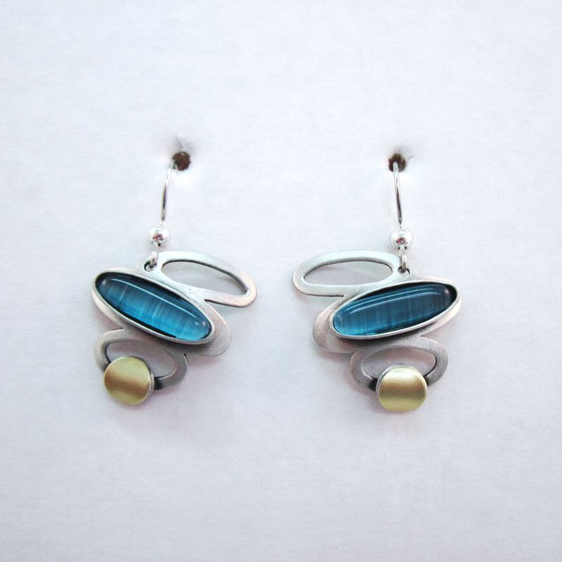 Blue Cat's Eye Two-tone Oval East to West Earrings - Click Image to Close